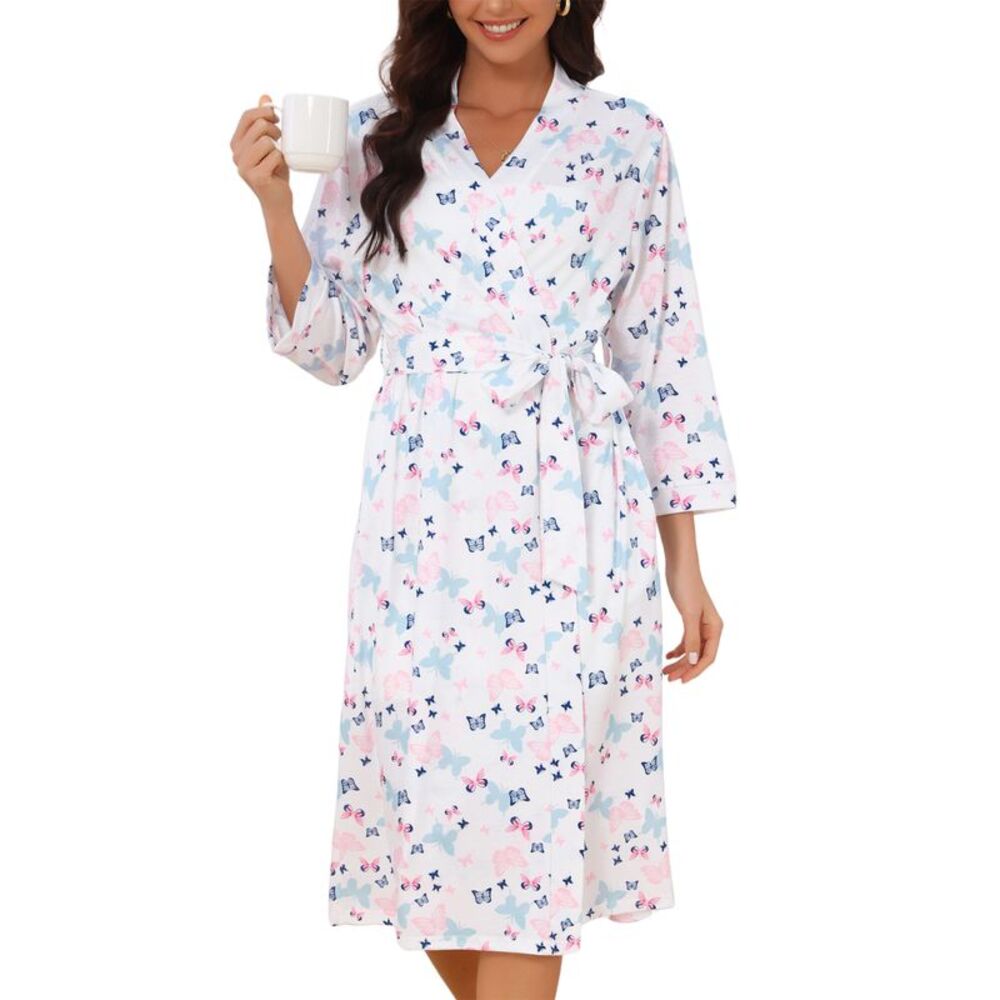 Women's 3/4 Sleeve Midi Wrap Bathrobe Cover Up White&Butterfly